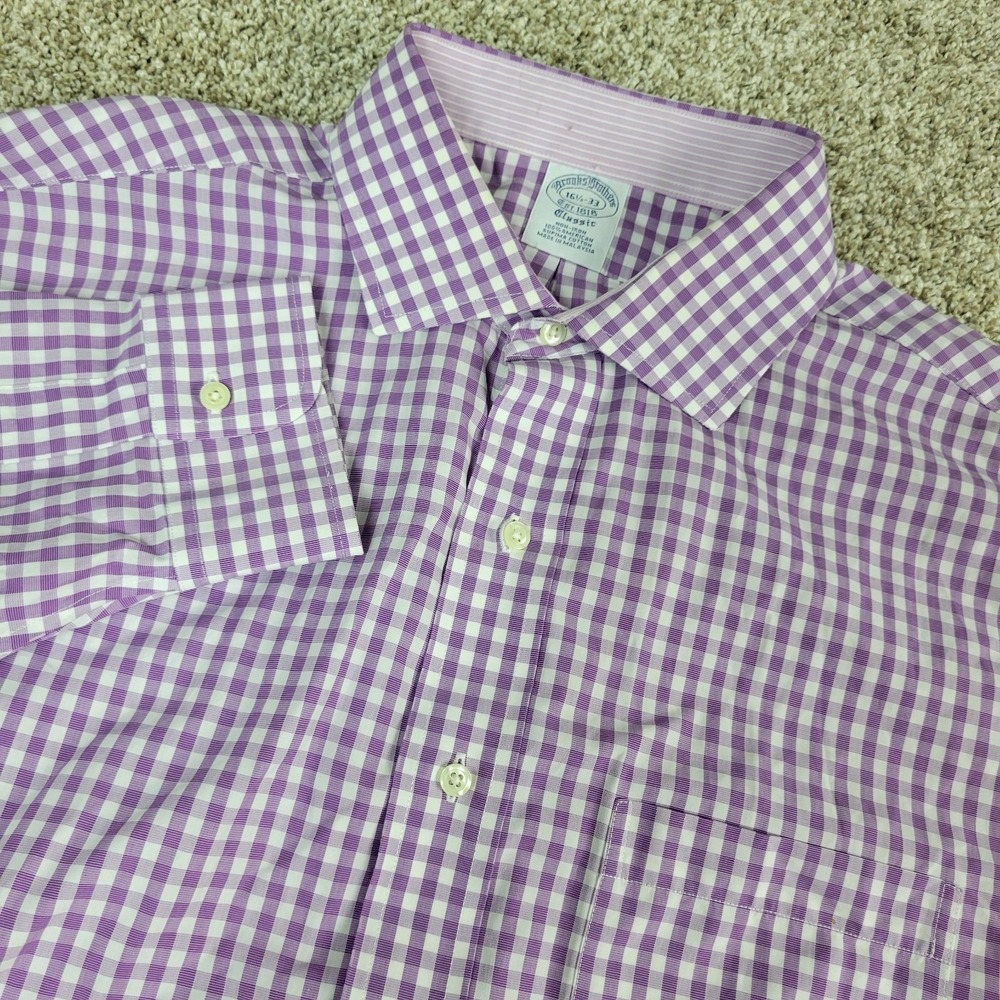 Brooks Brothers Classic Mens 16.5-33 Purple White Gingham Check Button Up LS